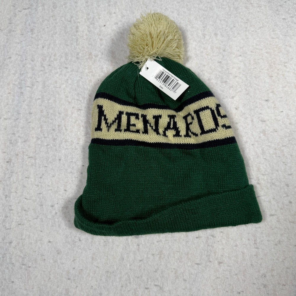 Menards Vintage Knit Beanie Hat Green Cream Pom Pom Cuffed Winter Cap NEW